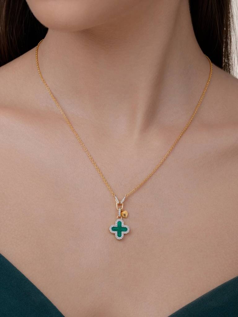 Malachite Clover Necklace 925 Sterling Silver 18Kt Gold Vermeil Jewellery For Women : QG156011_Y