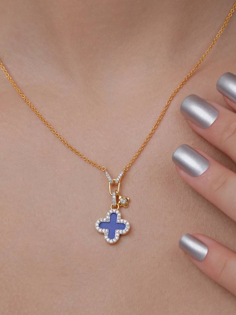 Lapis Lazuli Clover Pendant 925 Sterling Silver 18Kt Gold Vermeil Jewellery For Women : QG156012_Y