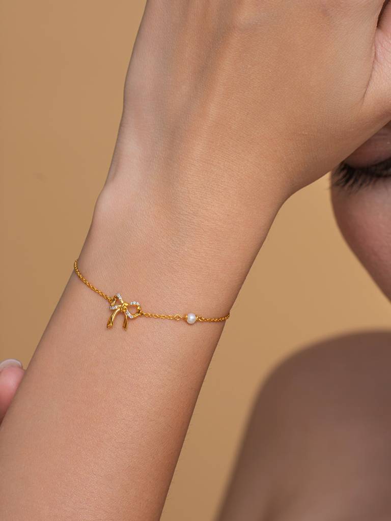 Bow Charm Bracelet 925 Sterling Silver 18Kt Gold Vermeil Jewellery For Women : QK125001_Y