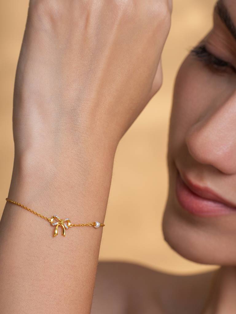 Bow Charm Bracelet 925 Sterling Silver 18Kt Gold Vermeil Jewellery For Women : QK125001_Y