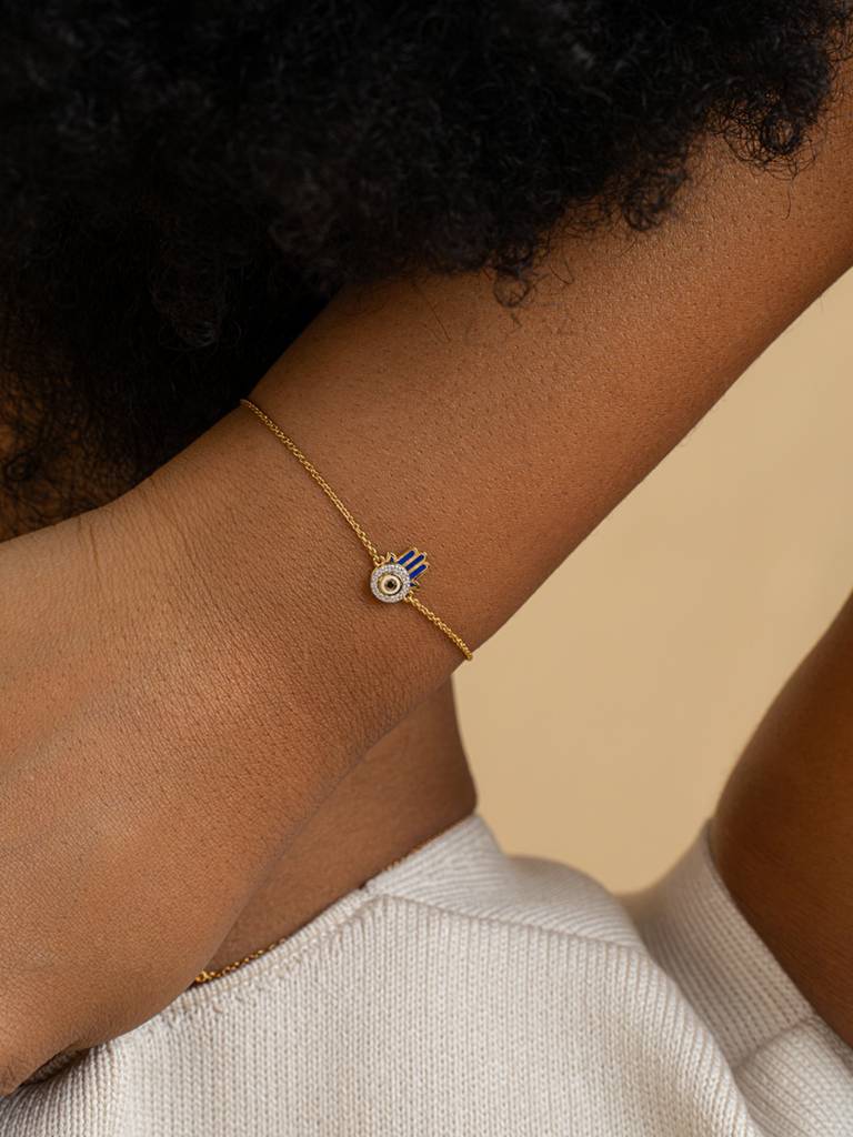 Hamsa Eye Bracelet 925 Sterling Silver 18Kt Gold Vermeil Jewellery For Women : QK142004_Y