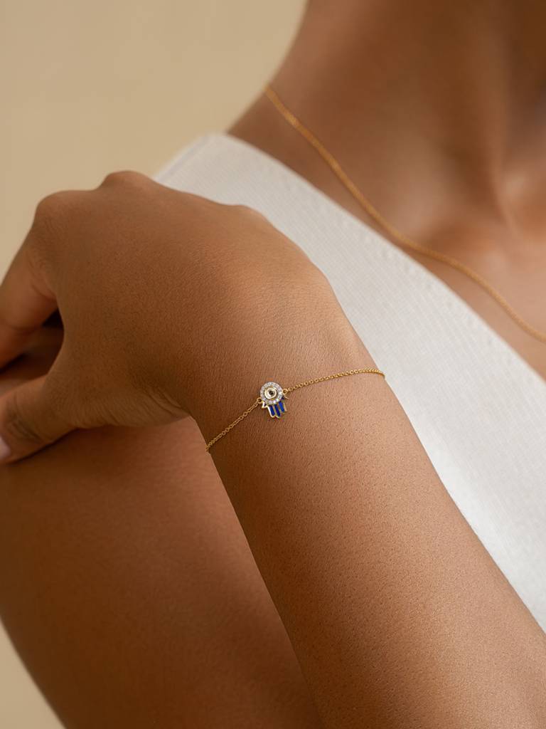Hamsa Eye Bracelet 925 Sterling Silver 18Kt Gold Vermeil Jewellery For Women : QK142004_Y