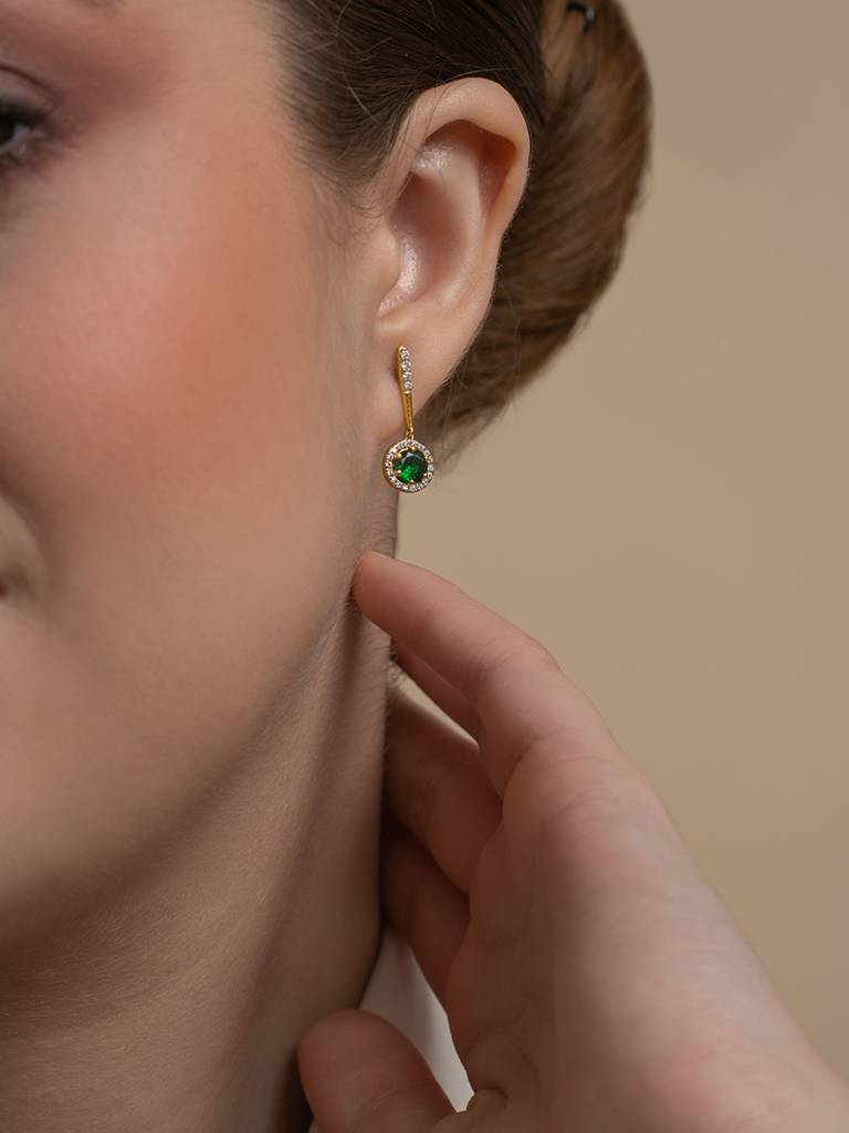 Halo Green Drops Earrings 925 Sterling Silver 18Kt Gold Vermeil Jewellery For Women : QM123009_Y