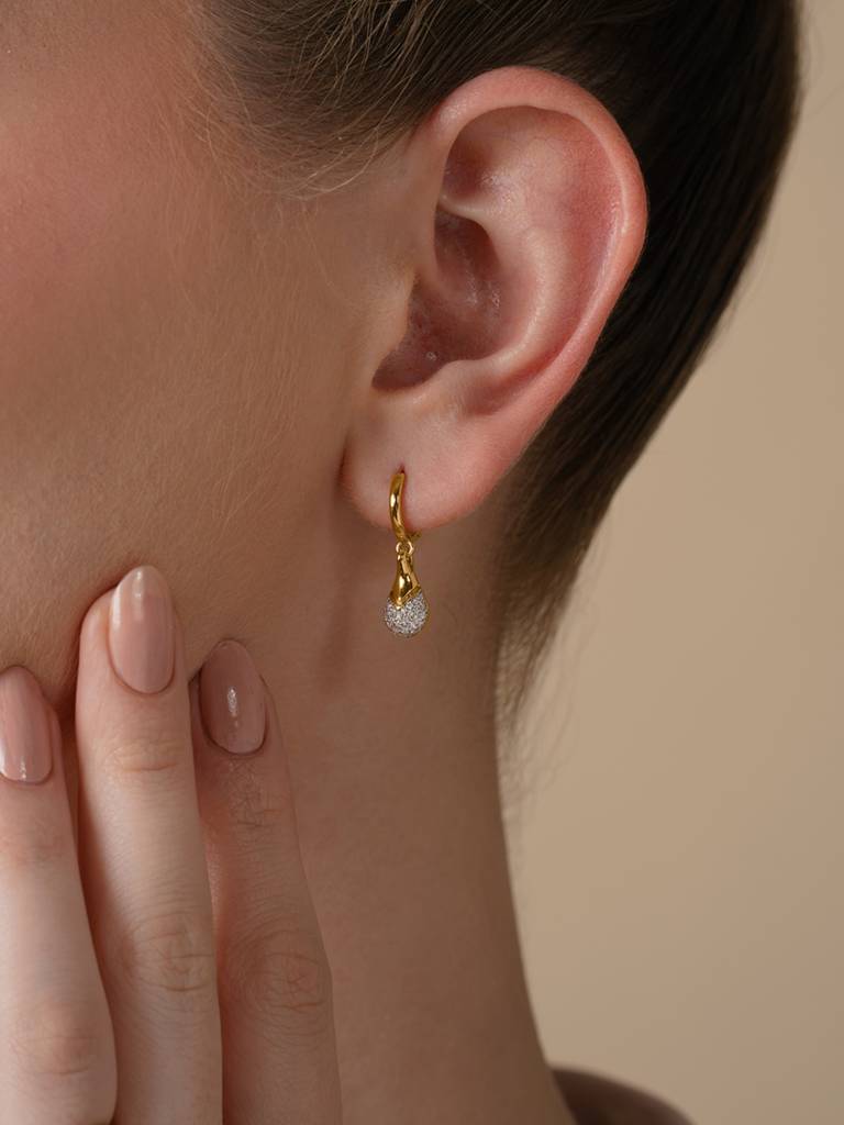 Diamond Drop Hoops Earrings 925 Sterling Silver 18Kt Gold Vermeil Jewellery For Women : QM127008_Y