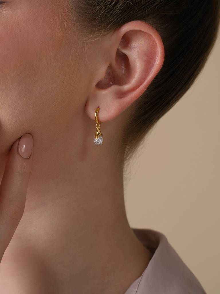 Diamond Drop Hoops Earrings 925 Sterling Silver 18Kt Gold Vermeil Jewellery For Women : QM127008_Y