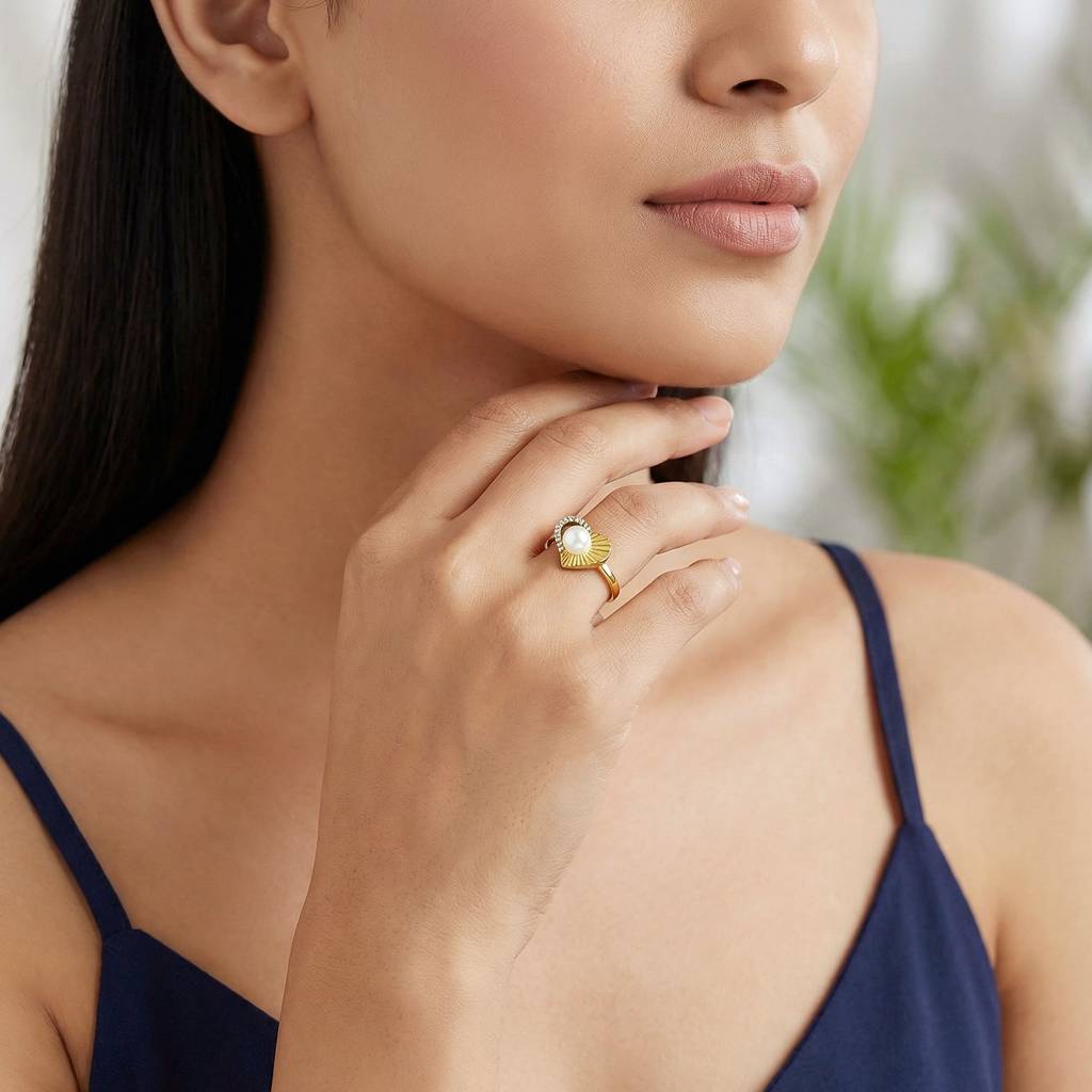 925 Silver Golden Pearl Pulse Heart Ring,Fixed Size, Indian -12|Gifts For Women And Girls | With Certificate Of Authe : R03660