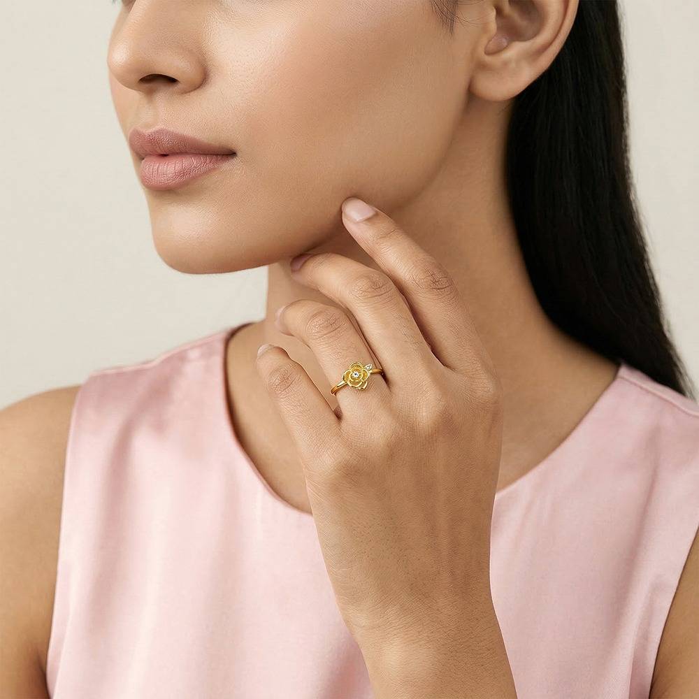 925 Silver Golden Rose Gleam Ring, Fixed Size, Indian -12|Gifts For Women And Girls | With Certificate Of Authenticit : R03885