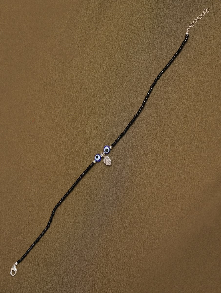 925 Sterling Silver Evil Eye Nazariya With Leaf Charm Anklet : ARSA75