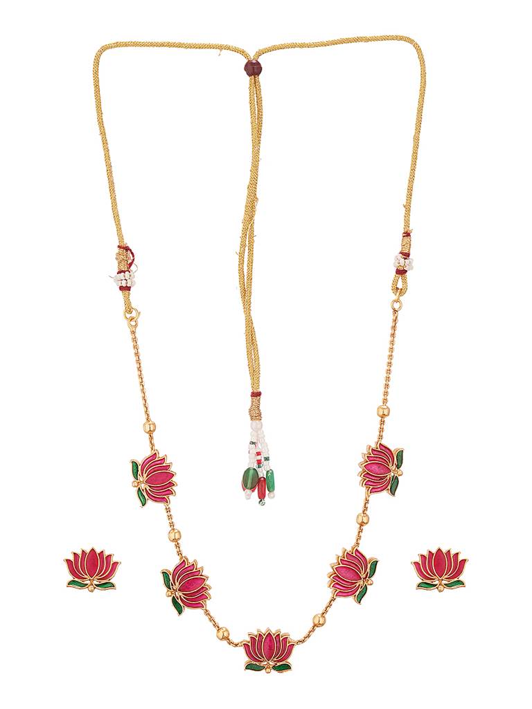 Elegant Lotus Motif Gold-Plated Necklace & Earrings Set : SJNK2871