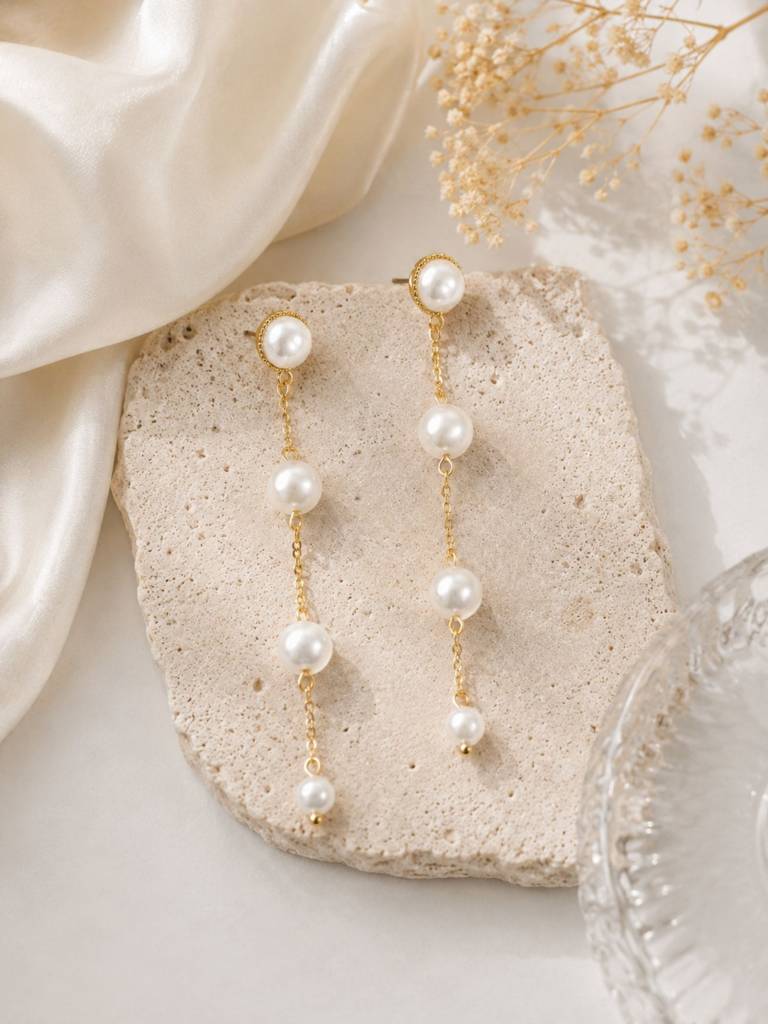 Women Gold-Plated White Pearl Long Chain Drop Earrings : RDWJEAR28