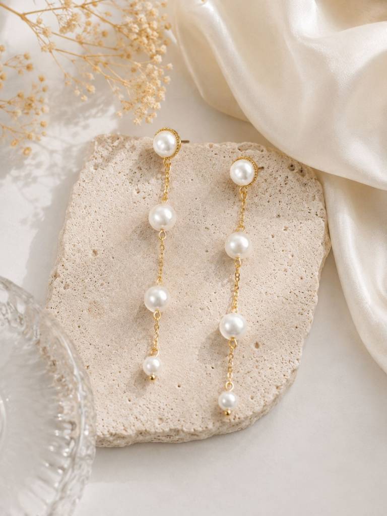 Women Gold-Plated White Pearl Long Chain Drop Earrings : RDWJEAR28