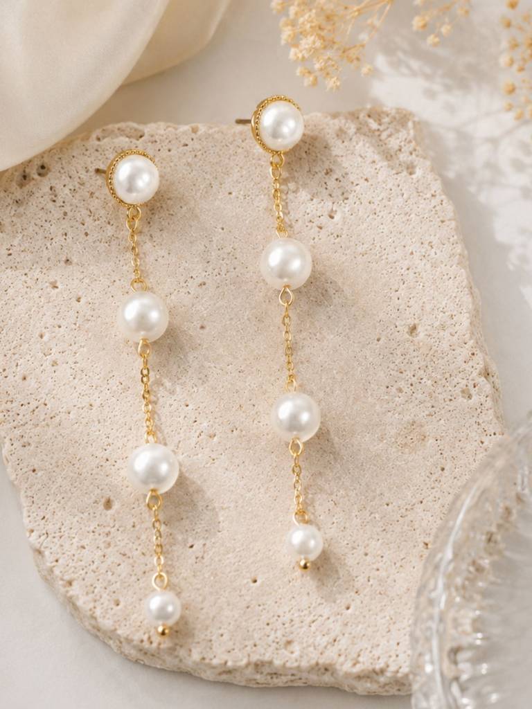 Women Gold-Plated White Pearl Long Chain Drop Earrings : RDWJEAR28