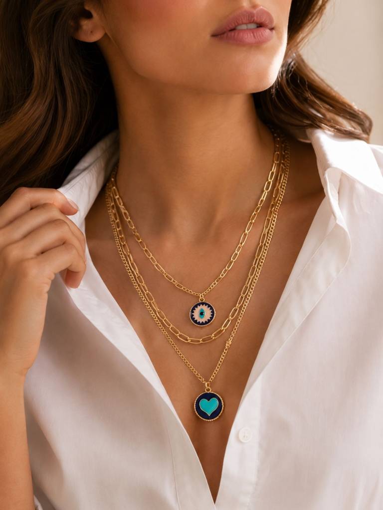 Women Gold-Plated Blue Layered Evil Eye & Heart Necklace : RDWJNC108