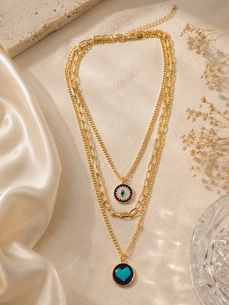 Women Gold-Plated Blue Layered Evil Eye & Heart Necklace : RDWJNC108