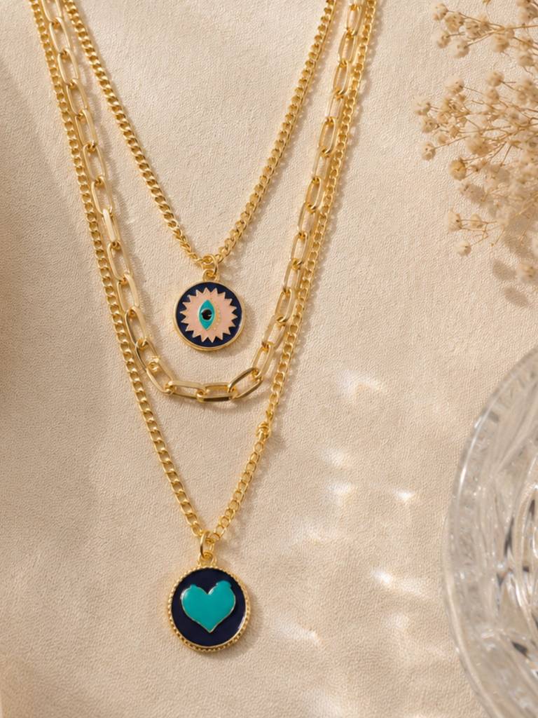 Women Gold-Plated Blue Layered Evil Eye & Heart Necklace : RDWJNC108