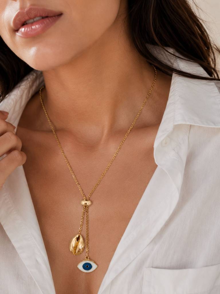 Women Gold-Plated Blue Evil Eye & Cowrie Shell Lariat Necklace : RDWJNC157