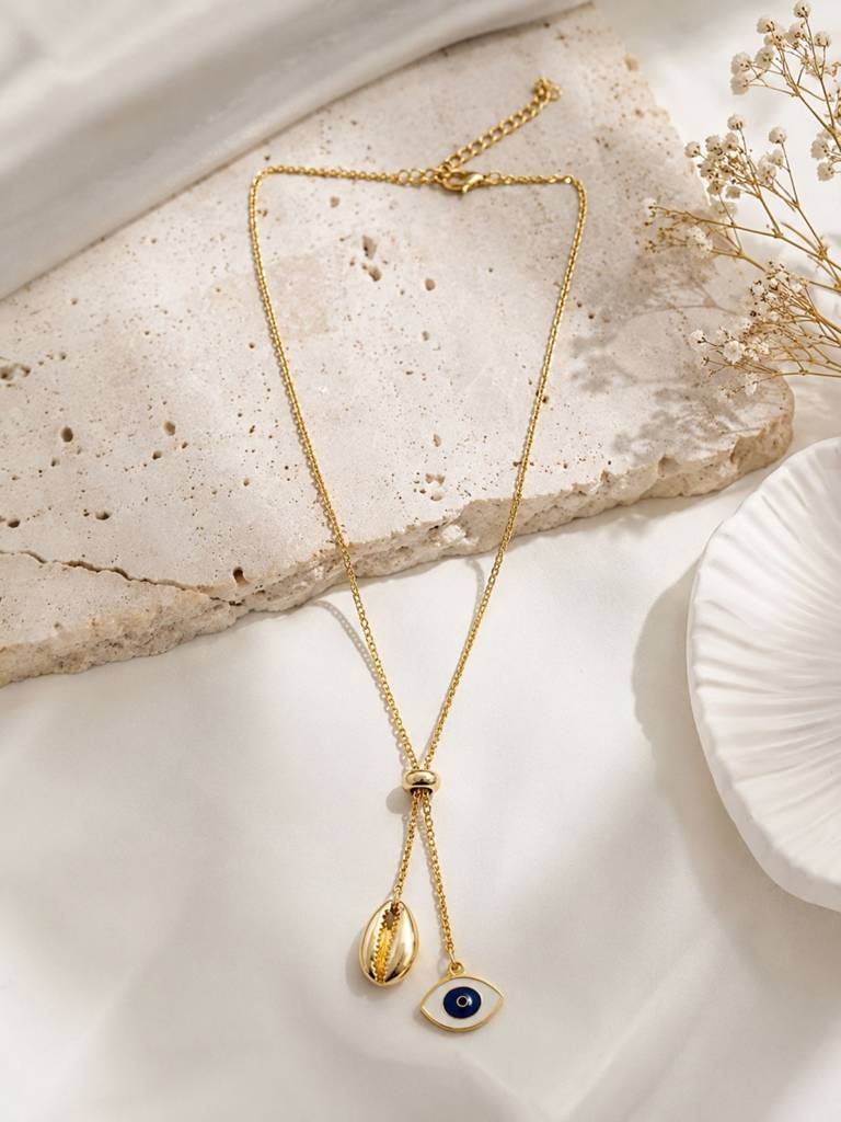 Women Gold-Plated Blue Evil Eye & Cowrie Shell Lariat Necklace : RDWJNC157