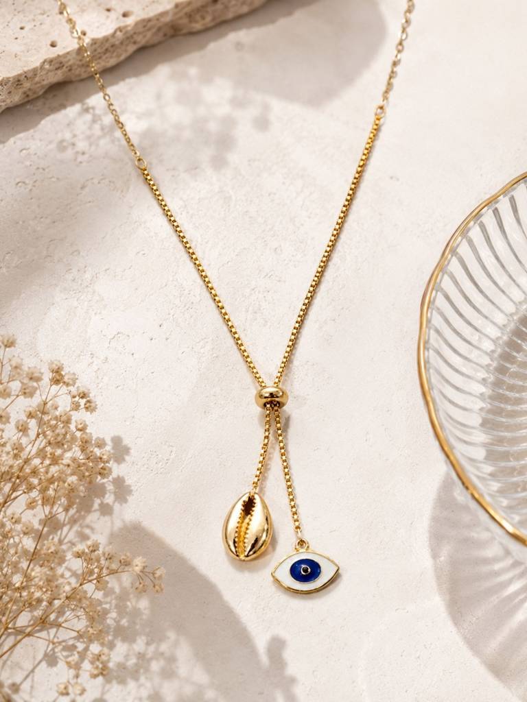 Women Gold-Plated Blue Evil Eye & Cowrie Shell Lariat Necklace : RDWJNC157