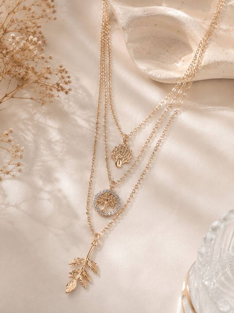 Women Gold-Plated Layered Tree Of Life Pendant Necklace : RDWJNC327