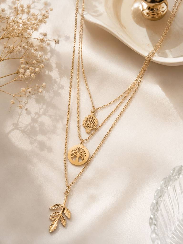 Women Gold-Plated Layered Tree Of Life Pendant Necklace : RDWJNC327