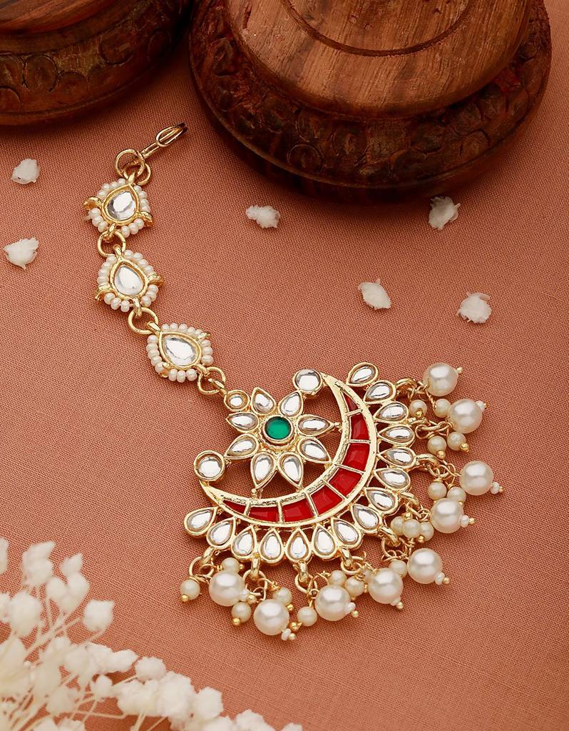 Gold-Plated Green White Kundan Studded Pearls Handcrafted Maang