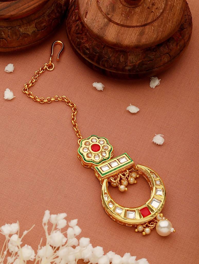 24K Gold-Plated Red & White Kundan & Green Meenakari Maangtikka : MTK-JS23-11063