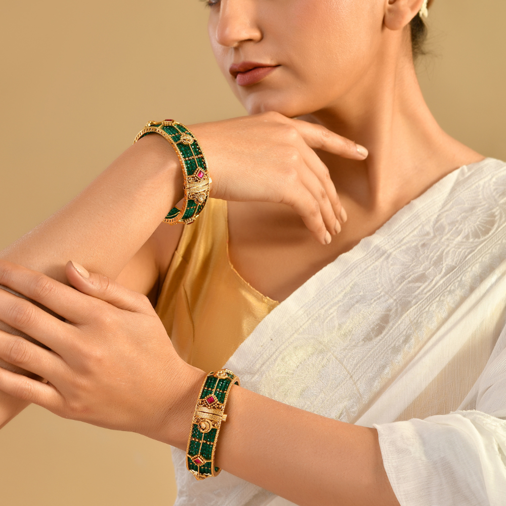 Antique Ruby Peacock Kada Bangle | 1 Gram Gold-Plated Temple Jewellery : J-1118