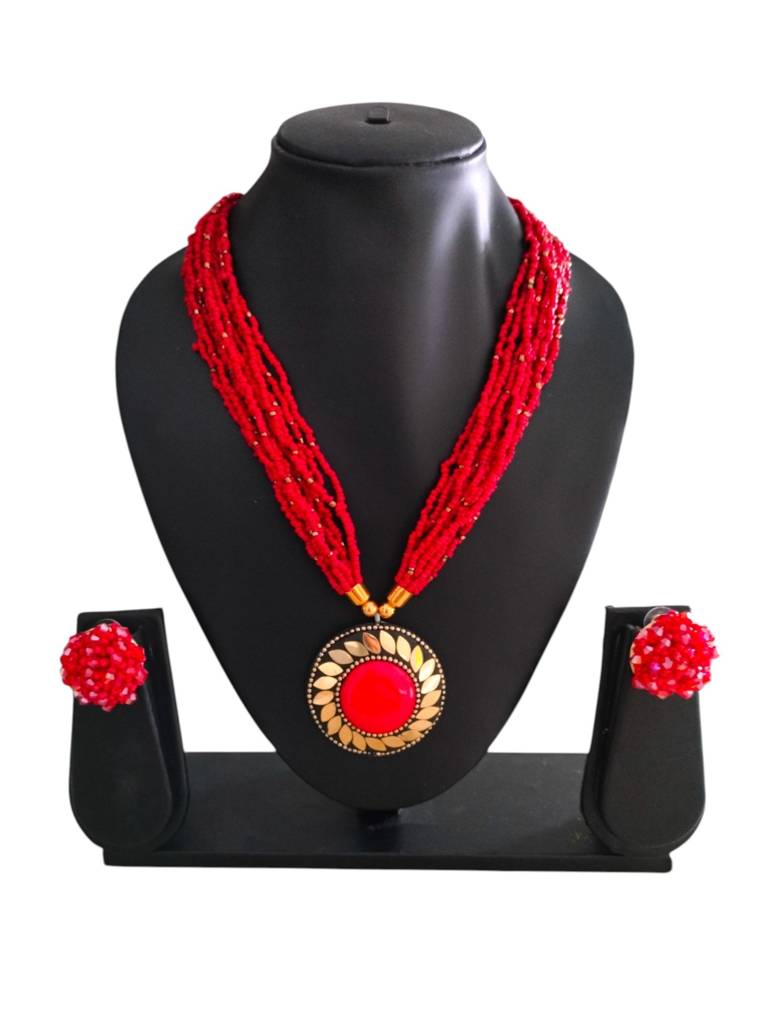 All-Day Statement Beaded Necklace Set : BDE-RED-TBOL-NWE-008