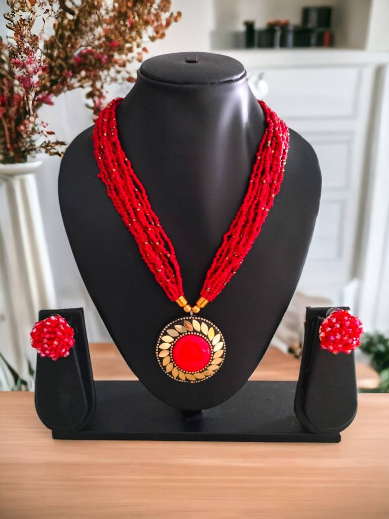 All-Day Statement Beaded Necklace Set : BDE-RED-TBOL-NWE-008
