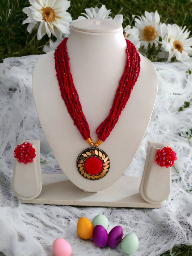 All-Day Statement Beaded Necklace Set : BDE-RED-TBOL-NWE-008