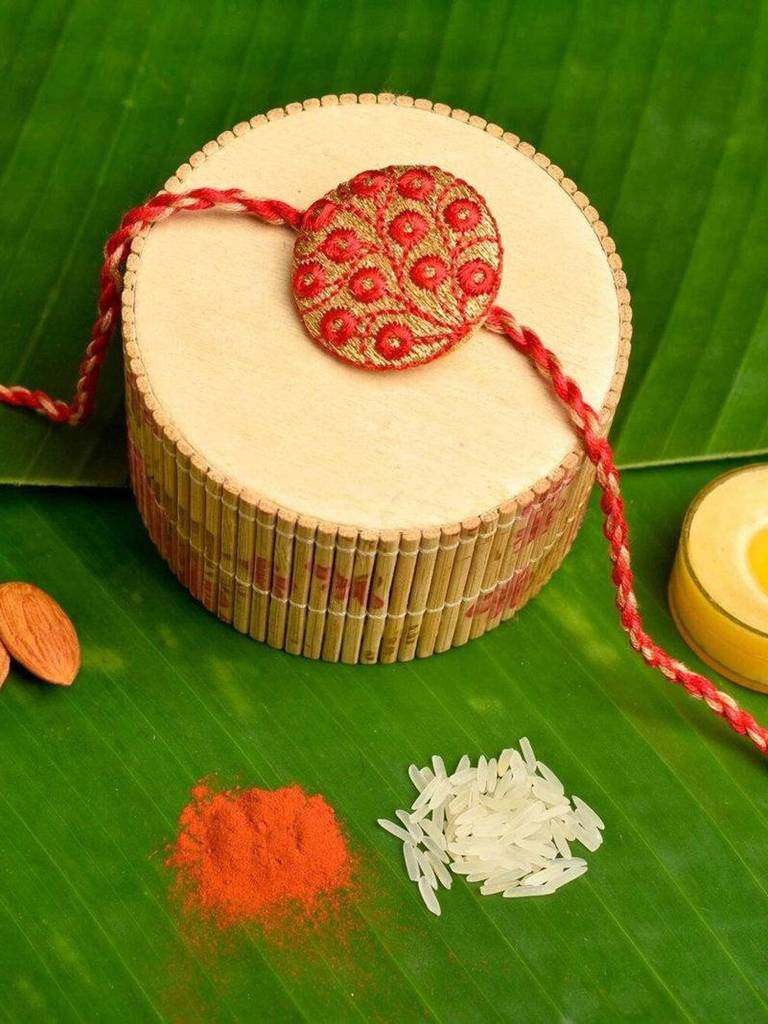 Handmade Red Golden Embroidery Set With Roli And Chawal For Brothers - Designer Rakhi Online : LAARK20