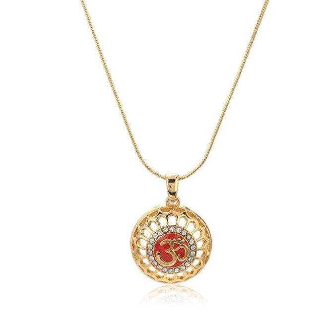 Estele Gold Plated Red Enamel Om Locket Pendant Chain With White Austrian Crystals For Girls & Women : 834PENDANT