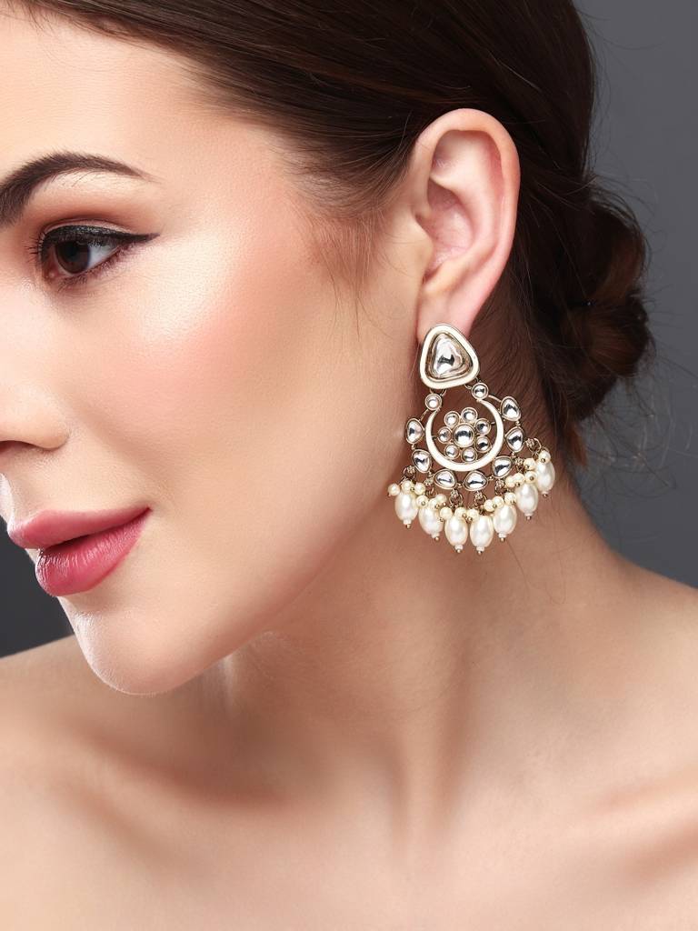 Kundan Hoop Pearl Fringe Earrings : S24FAER238WHT