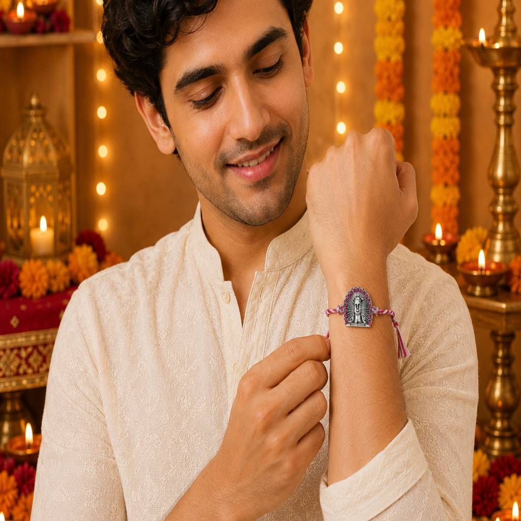 Eternz Certified Jewellery - 2wist Designs Pack of 6 Rose Gold Mahadev Leaf Evil Eye Rakhi Multicolor Thread (9 Inches)