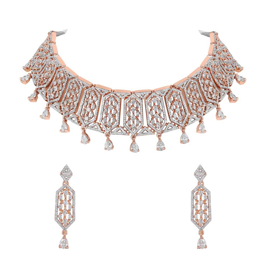 Estele Rose Gold Plated Lavish Luxe Designer Choker Style Necklace Set For Women : AD-635-RGNKER