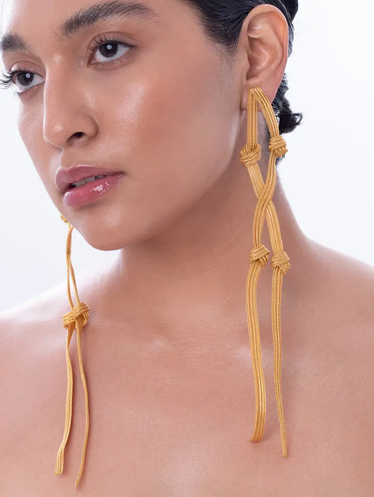 Double-Knotted Golden Mesh Long Earrings : M02-EA