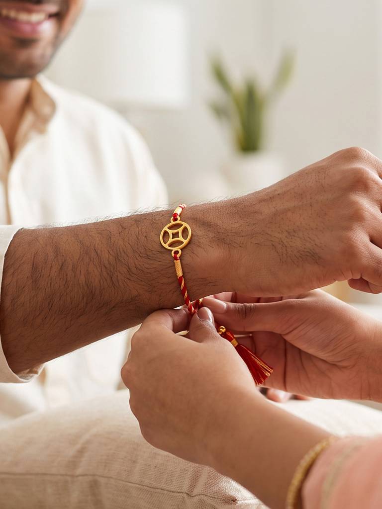 925 Silver Golden Kala Chakra Rakhi| Gifts For Men And Boys | With Certificate Of Authenticity And 925 Stamp : RK0636