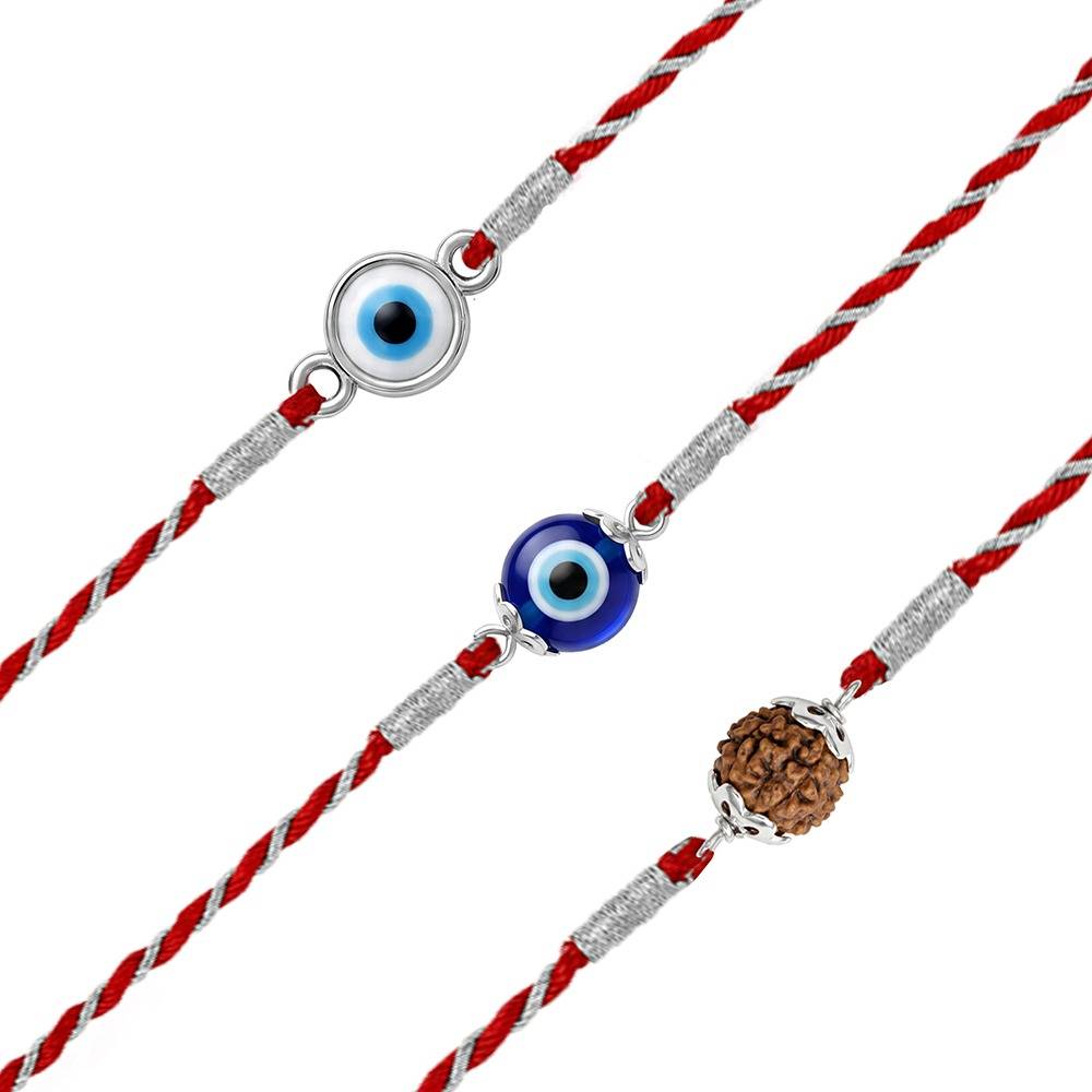 925 Silver Evil Eye Rudraksha Rakhi Combo (Set Of 3)| Raksha Bandhan Rakhi Combo | Gift For Men & Boys |  : RK0674RK0676RK0670