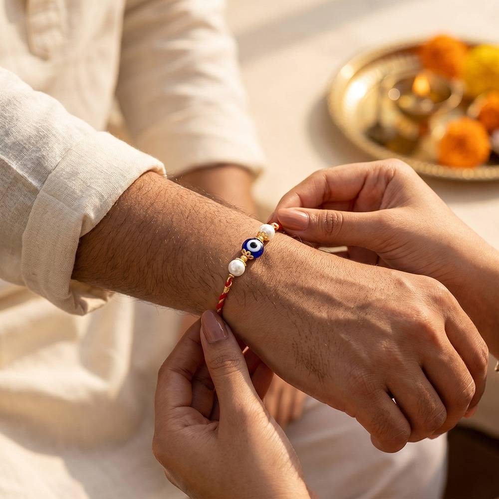 925 Silver Gold Plated Pearl Evil Eye Rakhi | Raksha Bandhan Rakhi For Couple | Gift For Couple | With Certificate Of : RK0690