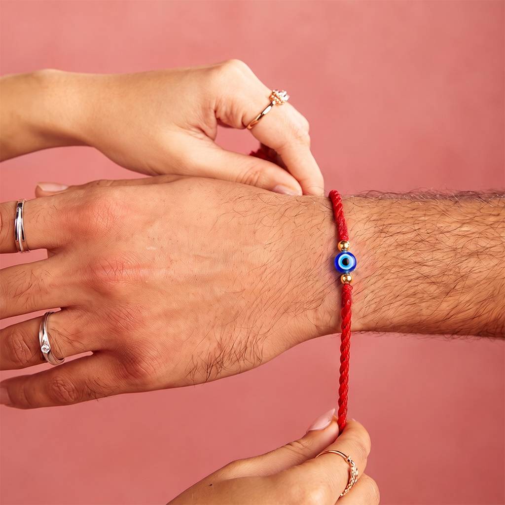 Protective Evil Eye Gold Plated Beaded Silver Rakhi (Signature) : RKH-10040-G