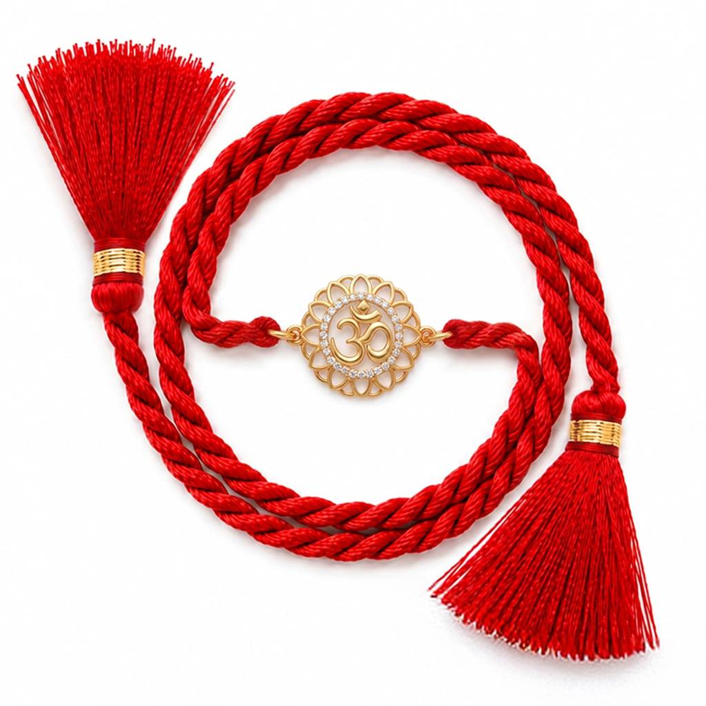 Om Floral Cz Gold Plated Silver Rakhi (Signature) : RKH-10094-G
