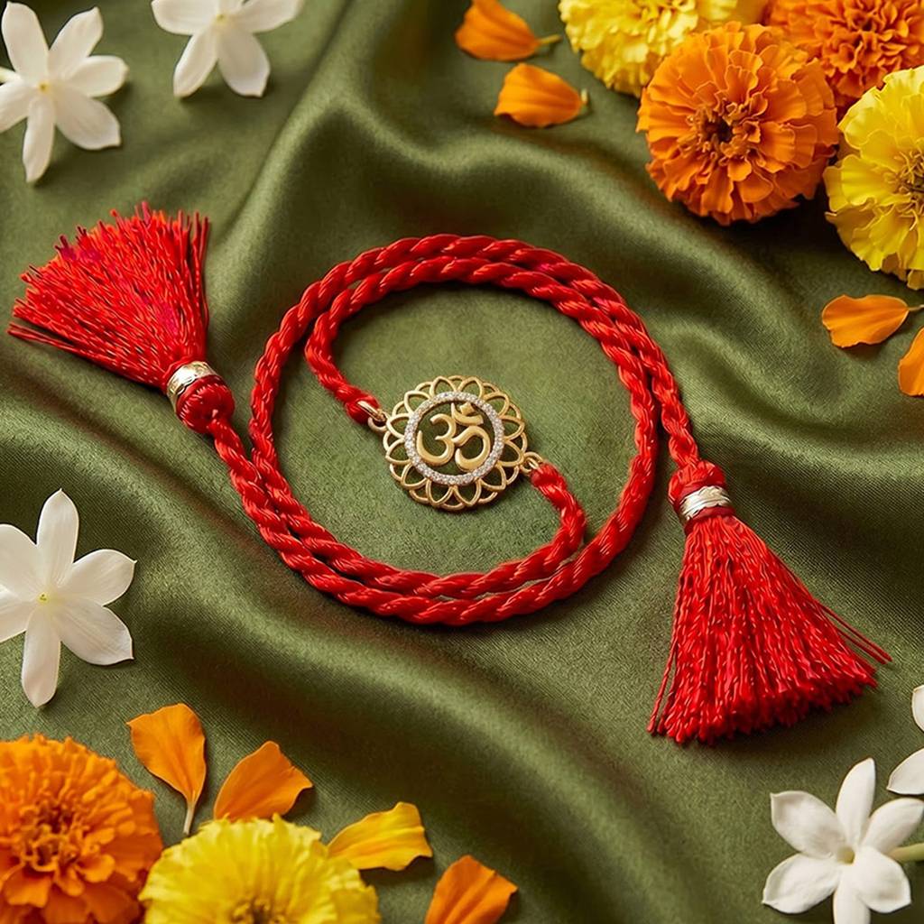 Om Floral Cz Gold Plated Silver Rakhi (Signature) : RKH-10094-G