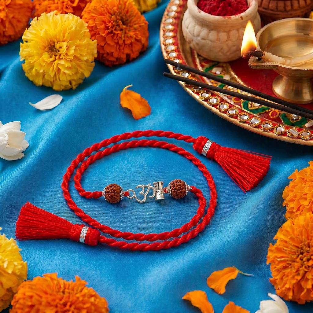 Sacred Om Shiv Damru Rudraksha Silver Rakhi (Signature) : RKH-10135-S