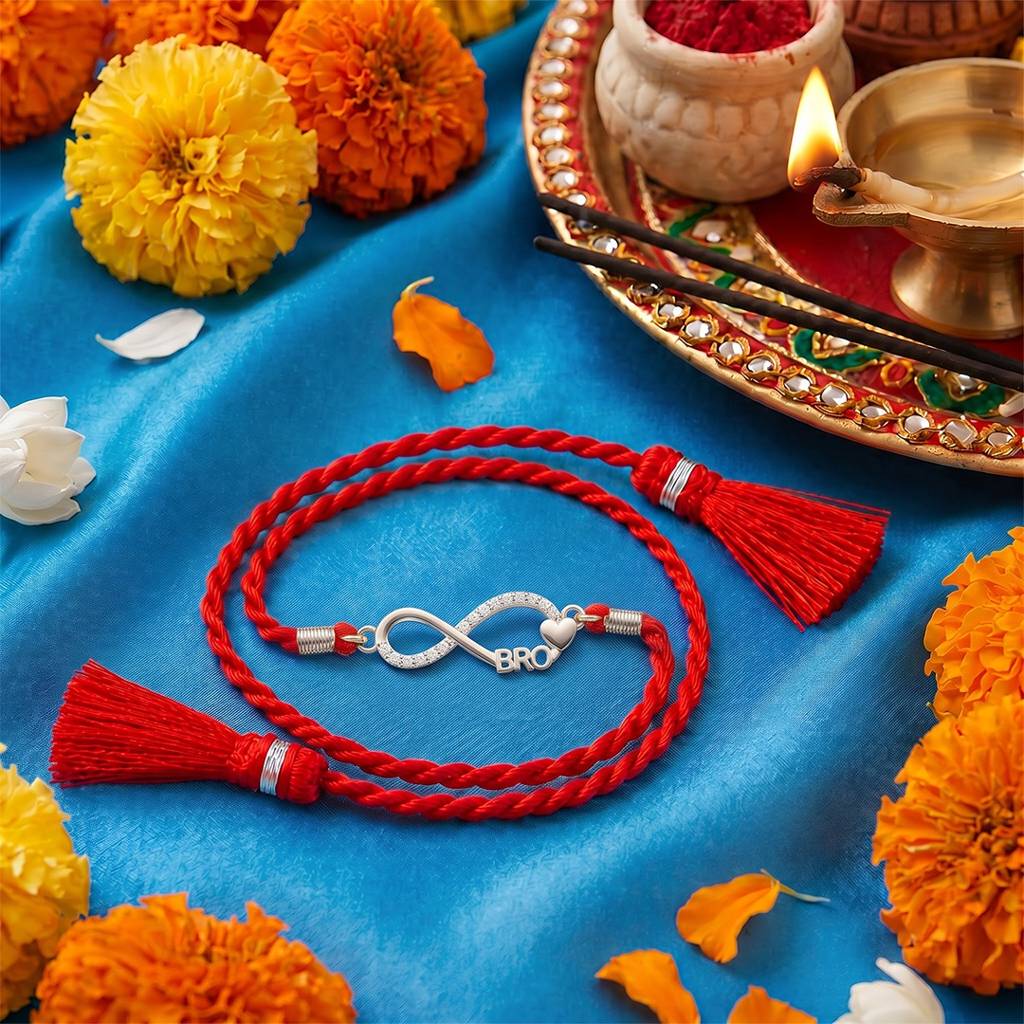 Infinity Bond Cz Rhodium Plated Silver Rakhi (Signature) : RKH-10136-S