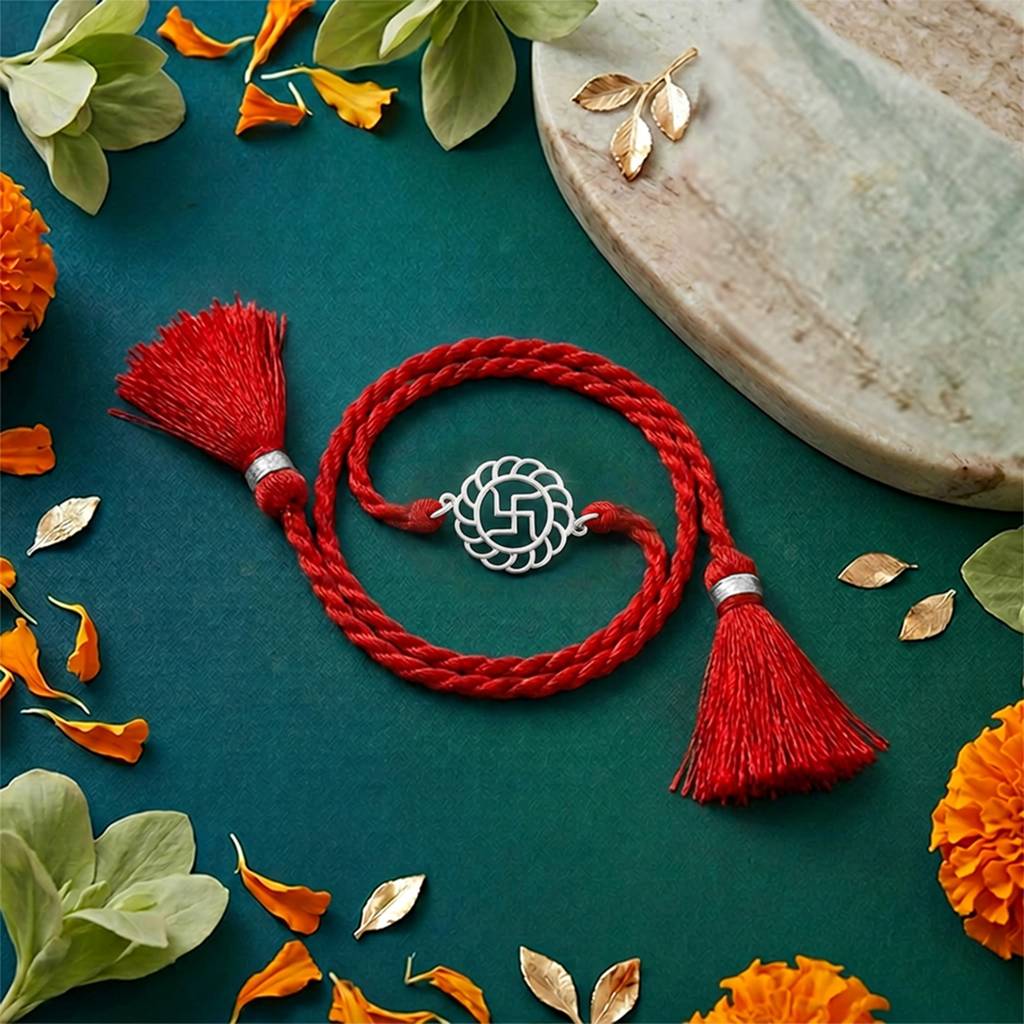 Sacred Swastika Rhodium Plated 925 Silver Rakhi : RKH-10138-S