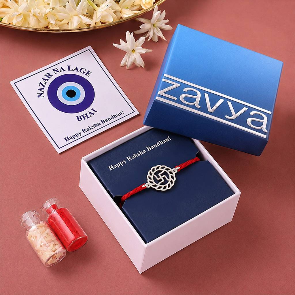 Sacred Swastika Rhodium Plated 925 Silver Rakhi : RKH-10138-S