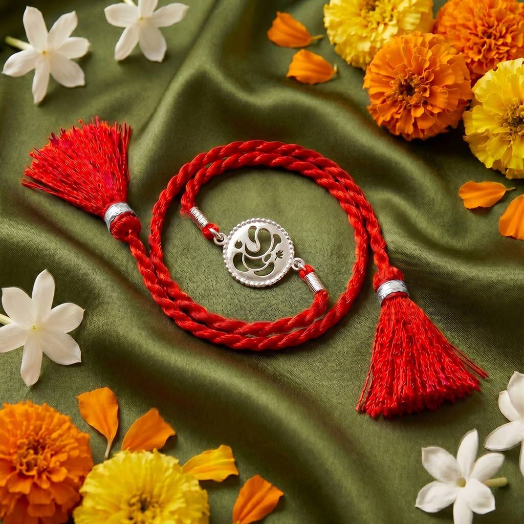 Divine Ganesha Rhodium Plated 925 Silver Rakhi : RKH-10141-S