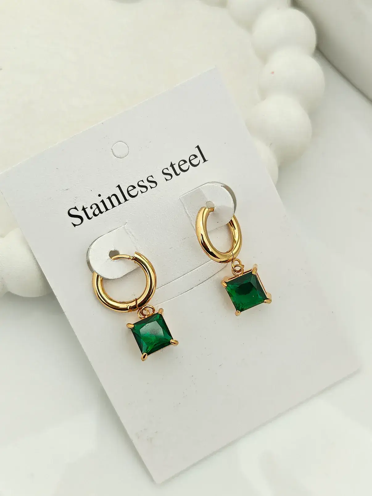 Gold-Plated Green Emerald-Cut Drop Hoop Earrings For Women : AST-EAR-0120