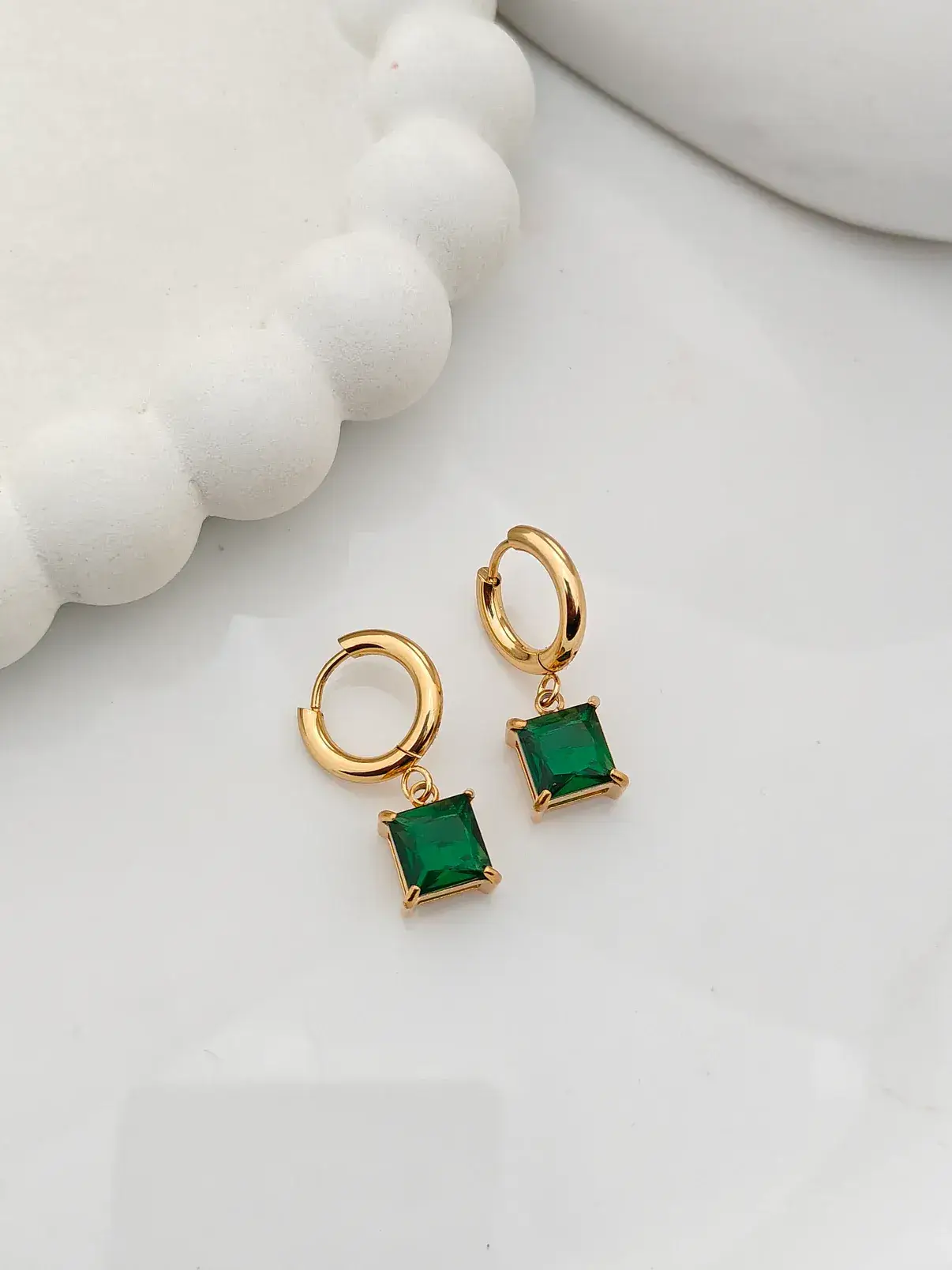 Gold-Plated Green Emerald-Cut Drop Hoop Earrings For Women : AST-EAR-0120