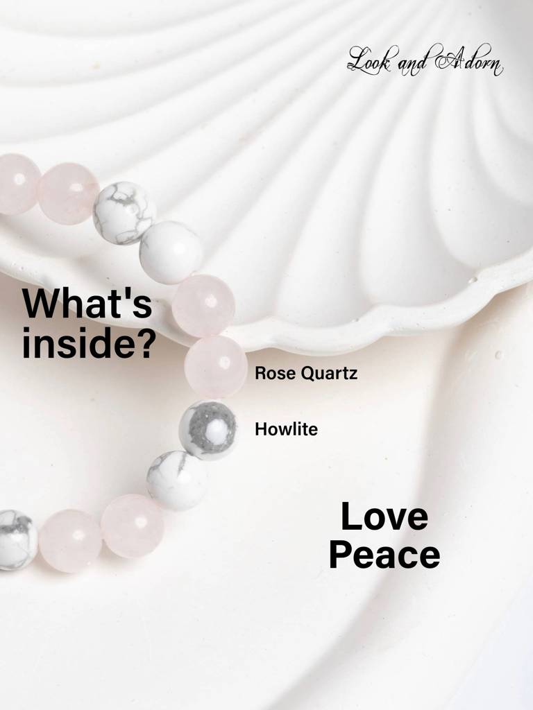 Rose Quartz Howlite Love Peace Bracelet : LAABL142-65-S